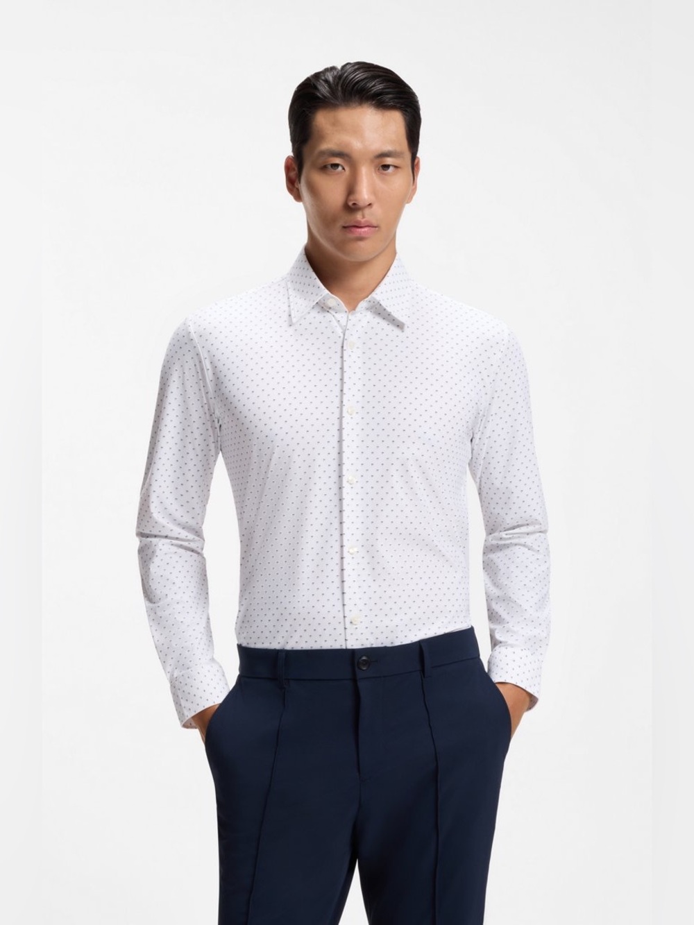 Hugo Boss White Micro-Dot Long-Sleeve Dress Shirt